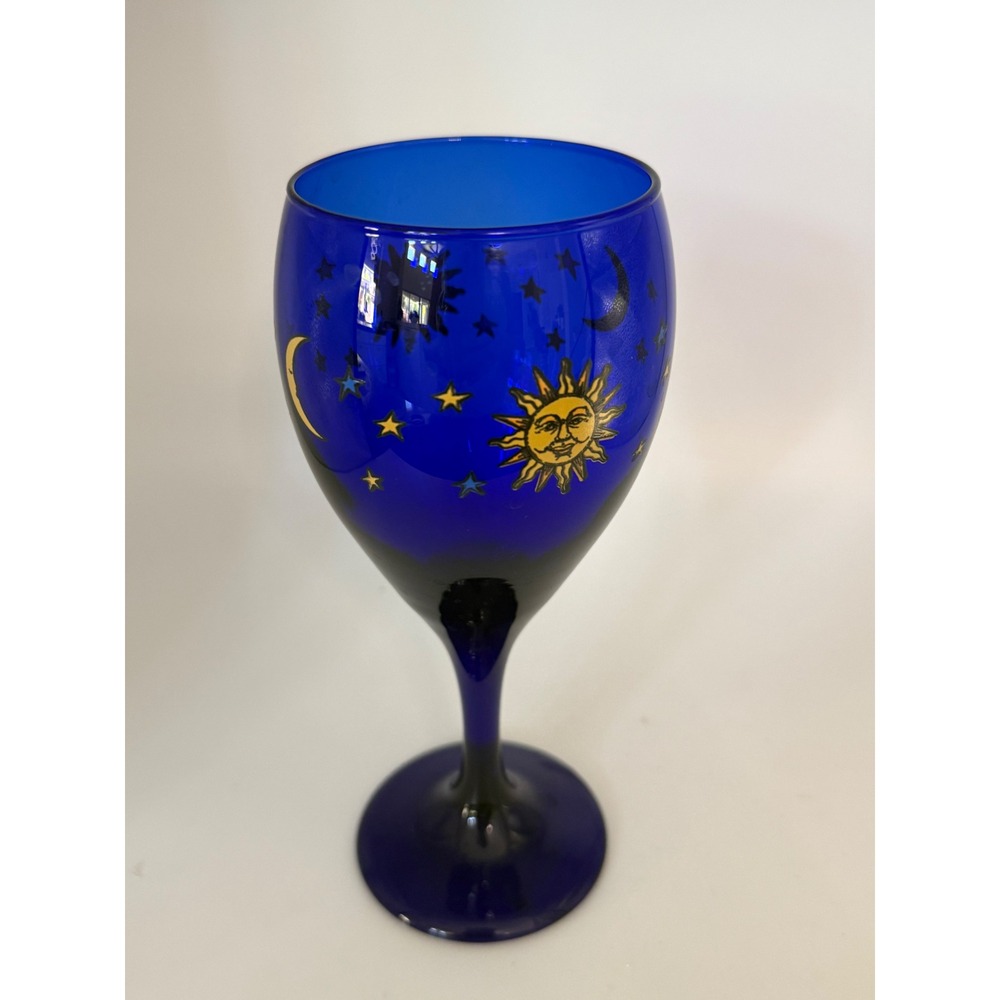 Vintage Libby Cobalt Blue Celestial Wine Goblet Sun Moon Stars Glassware 90s